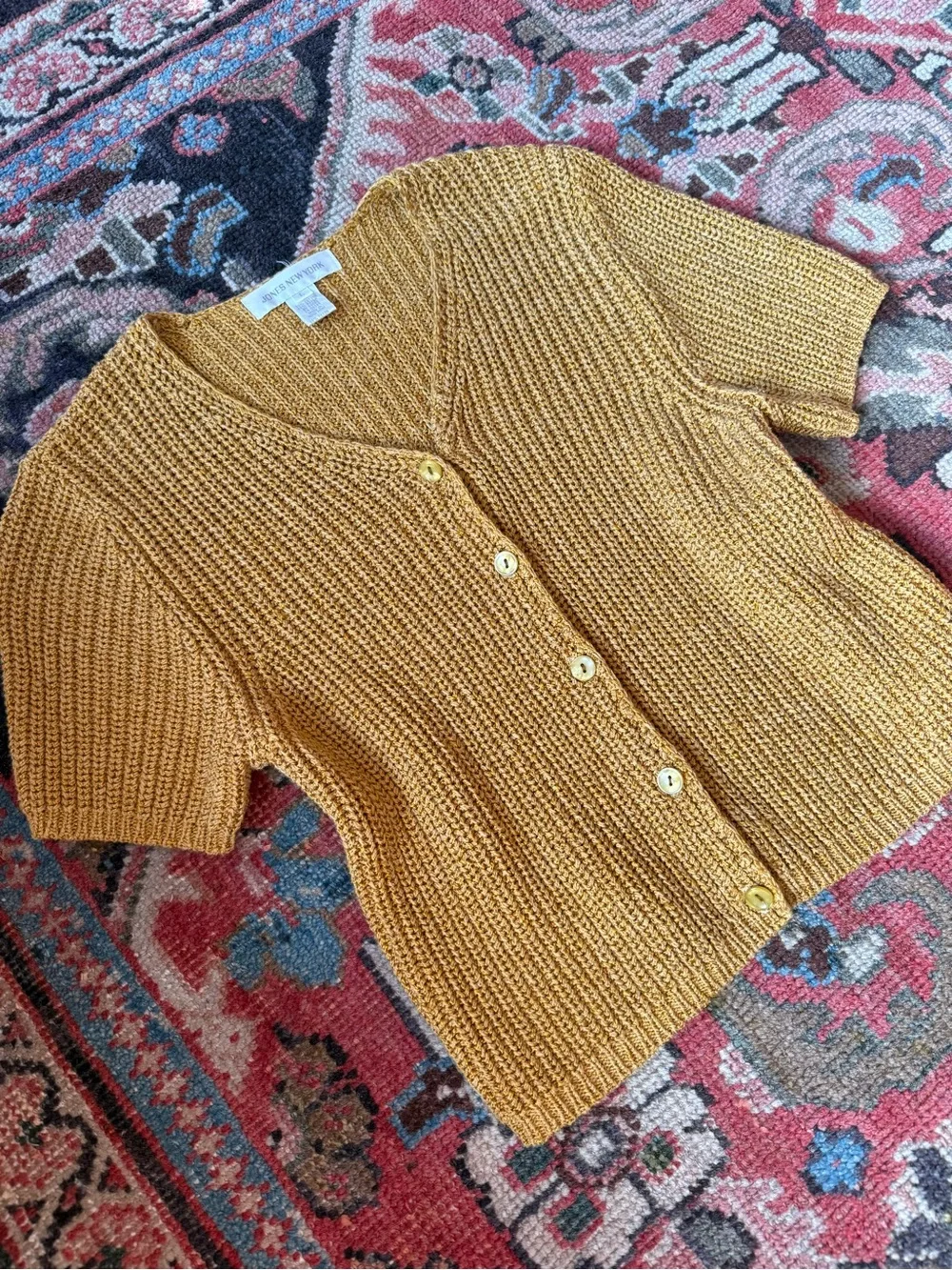 Jones New York Mustard Short-Sleeve Button Cardigan Sweater